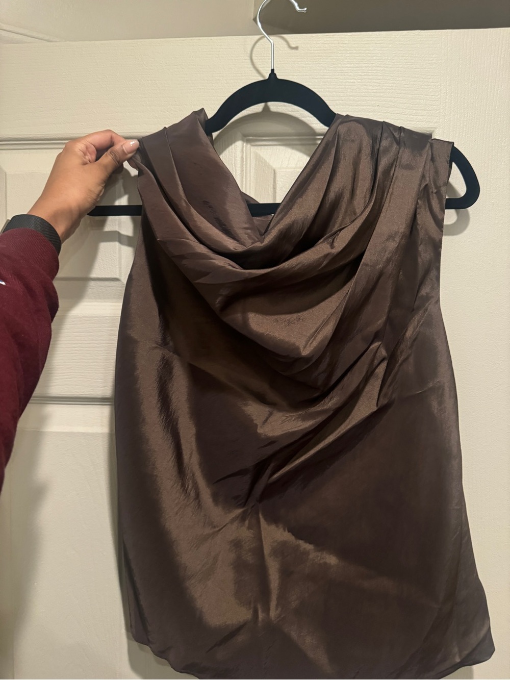 Cowl Neck Satin Top - Brown